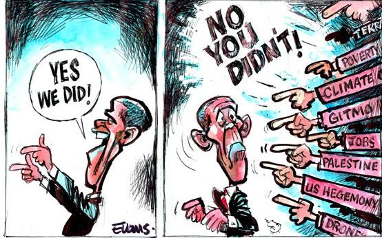 Evans cartoon about Obama's unmet promises Evans cartoon: Obama:"yes we did"; the promises: "No you didn't"
